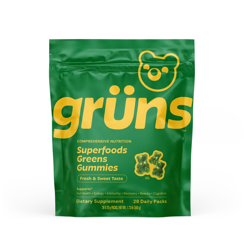 Grüns Superfood Gummies pouch with the daily gummies beside it