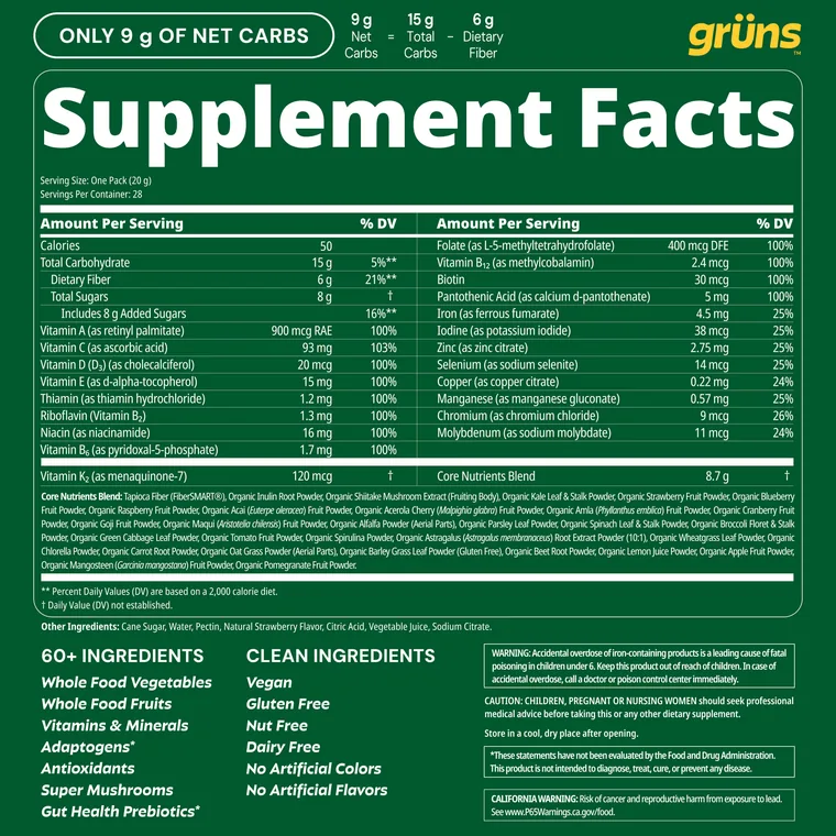 Grüns supplement facts panel showing vitamins, minerals, fiber and the core nutrients blend